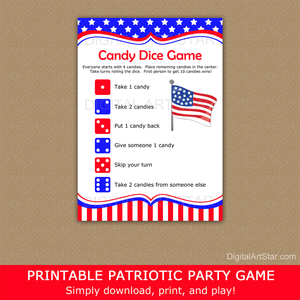 Patriotic Candy Dice Game Printable in Red White and Blue