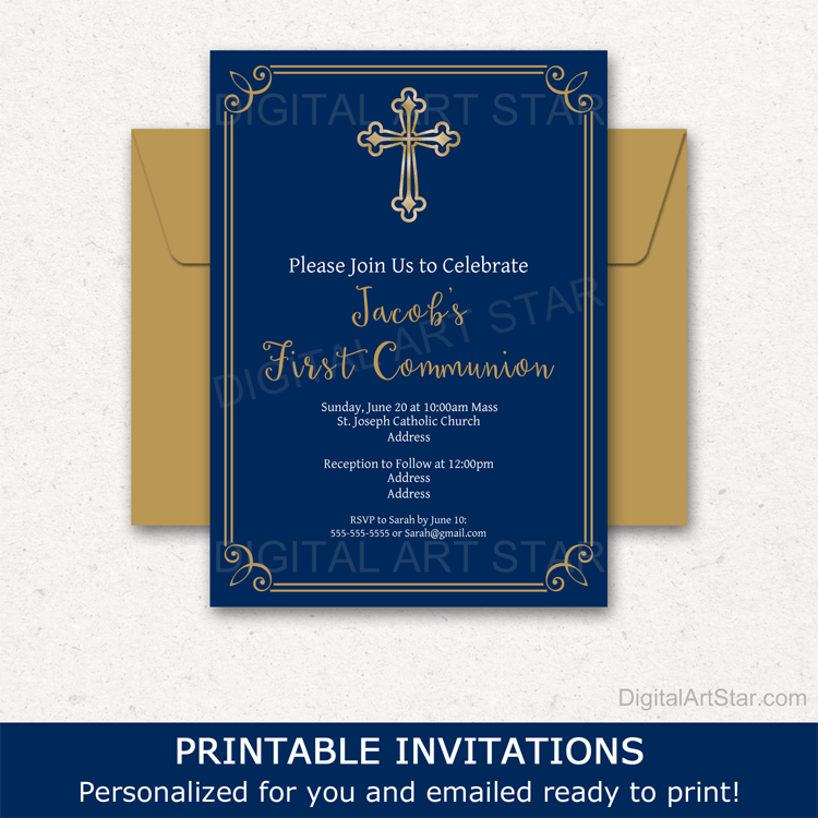 Personalized Boy First Holy Communion Invitation Template Download Navy Blue and Gold