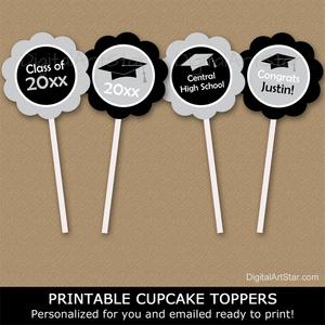 Personalized Cupcake Toppers for Graduation in Black and Silver