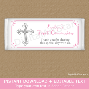 Personalized First Communion Candy Wrappers White Pink Silver