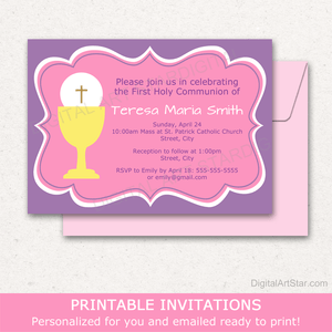 Personalized First Holy Communion Invitation for Girls Pink Purple Yellow