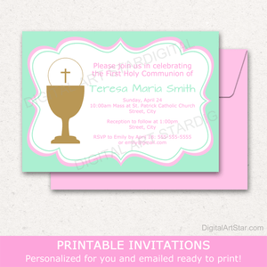 Personalized First Holy Communion Invitation Printable for Girls Pink Mint Green Gold