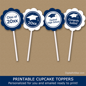 Personalized Graduation Cupcake Toppers Navy Blue and White