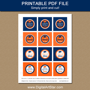 Personalized Graduation Cupcake Toppers Printable PDF Orange and Blue