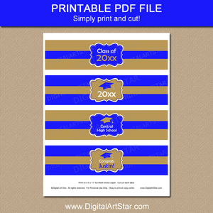 Personalized Graduation Party Water Bottle Labels Printable Template Blue Gold
