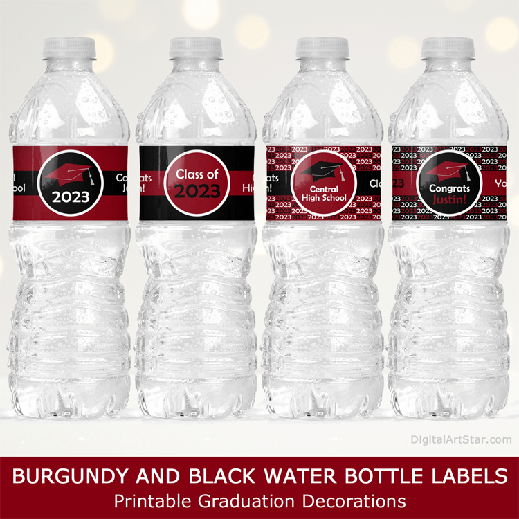 Burgundy and Black Graduation Party Decorations Water Bottle Labels Class of 2023