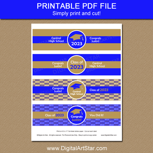 Personalized Graduation Water Bottle Labels Printable 2023 Blue Gold