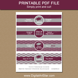 Personalized Graduation Water Bottle Wrappers Printable Maroon Gray Graduation Party Decor