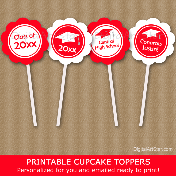 Personalized Red and White Graduation Cupcake Toppers Party Decor