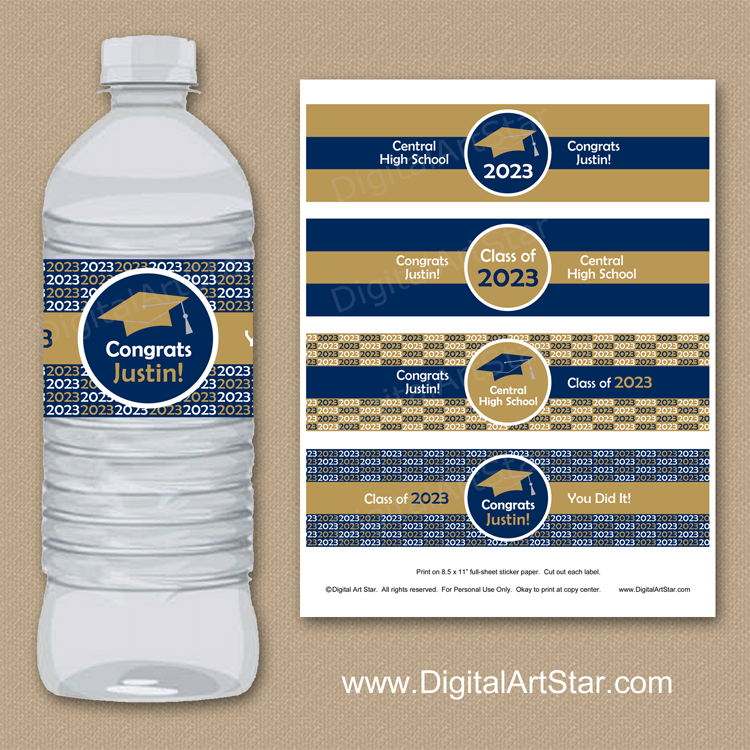 Personalized Water Bottle Labels for Graduation Party in Navy Blue and Gold