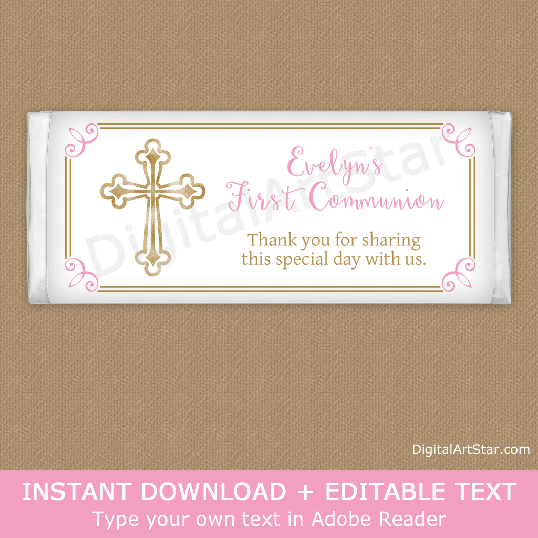 Pink and Gold First Communion Chocolate Bar Wrappers