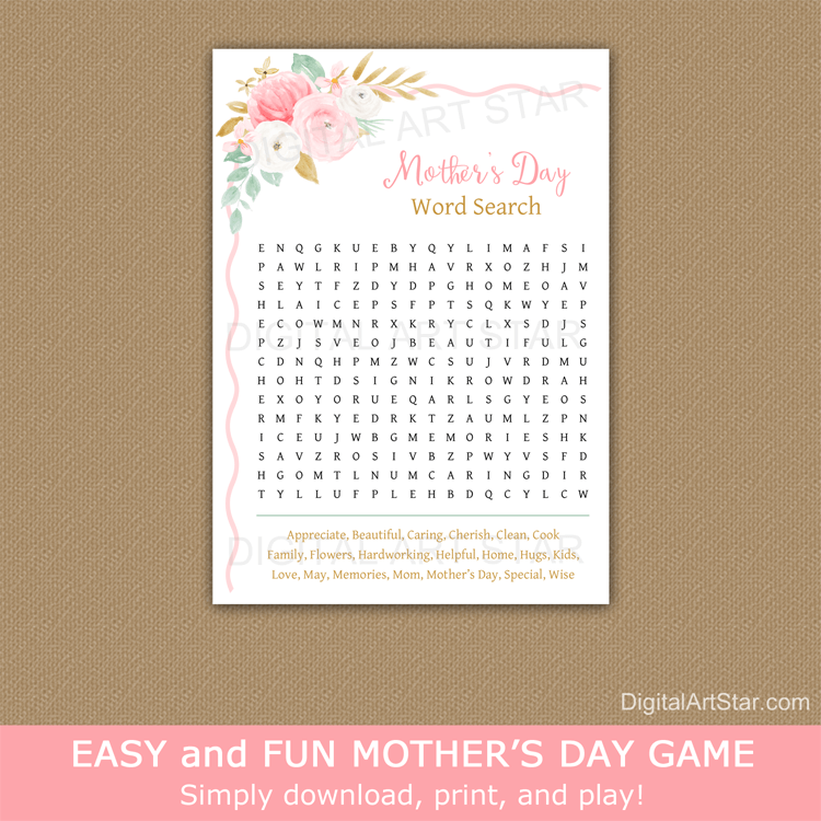 Pink and Gold Floral Mother's Day Word Search Printable