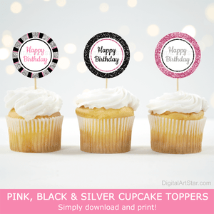 Pink Black Silver Glitter Cupcake Toppers Decorations Happy Birthday