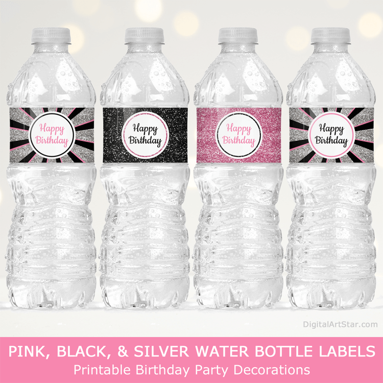 Pink Black and Silver Happy Birthday Water Bottle Labels Printable