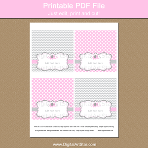 Pink elephant Baby Shower Treat Bag Toppers Printable
