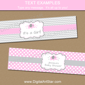 Pink Elephant Water Bottle Labels for Elephant Baby Shower