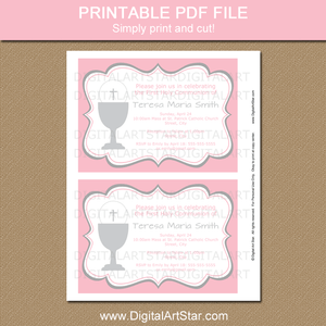 Pink Girl First Holy Communion Invitation Template Printable PDF JPEG