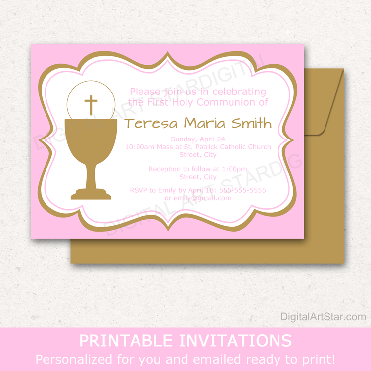 Pink Gold 1st Communion Invitation for Girl First Holy Communion