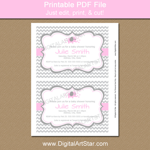 Pink and Gray Chevron Elephant Baby Shower Invitations Printable