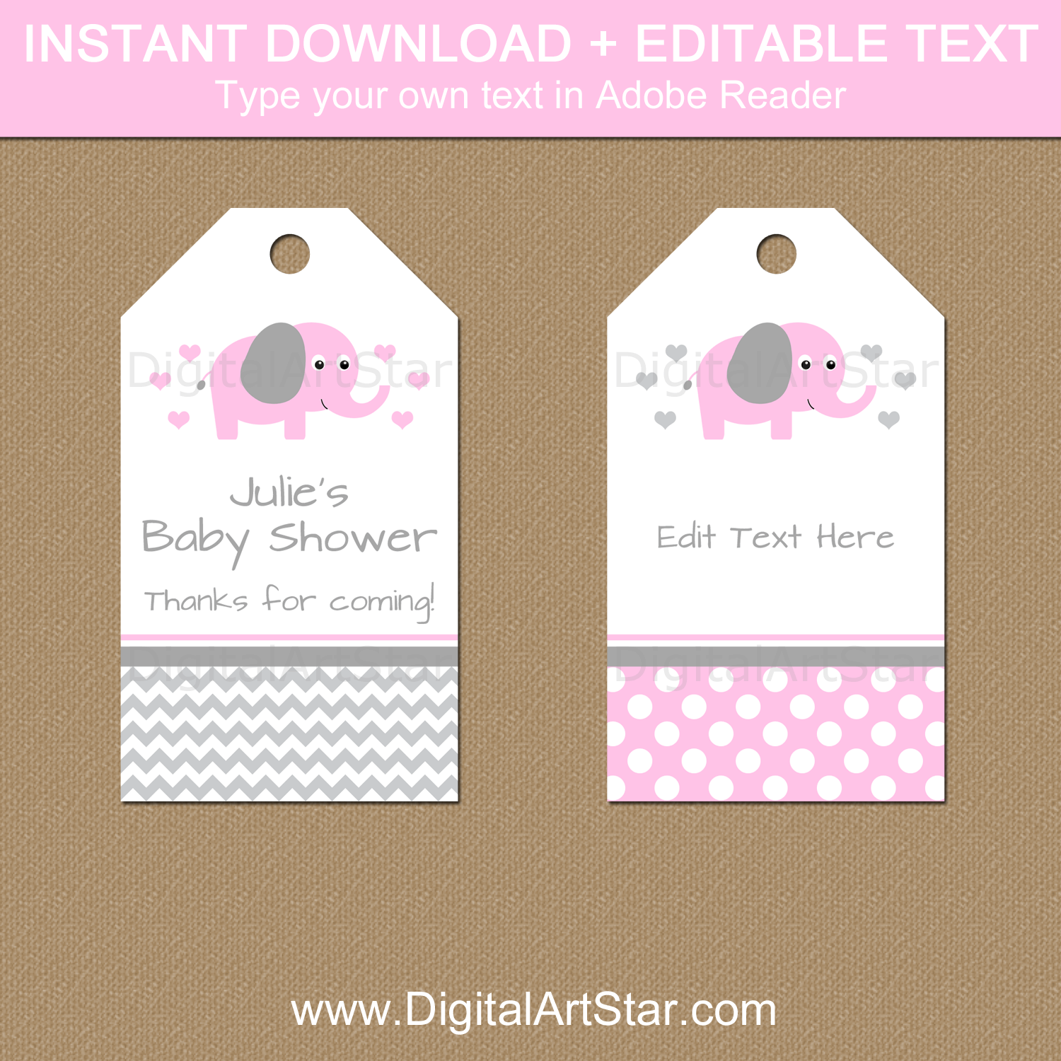 Pink and Gray Elephant Baby Shower Thank You Tags Template