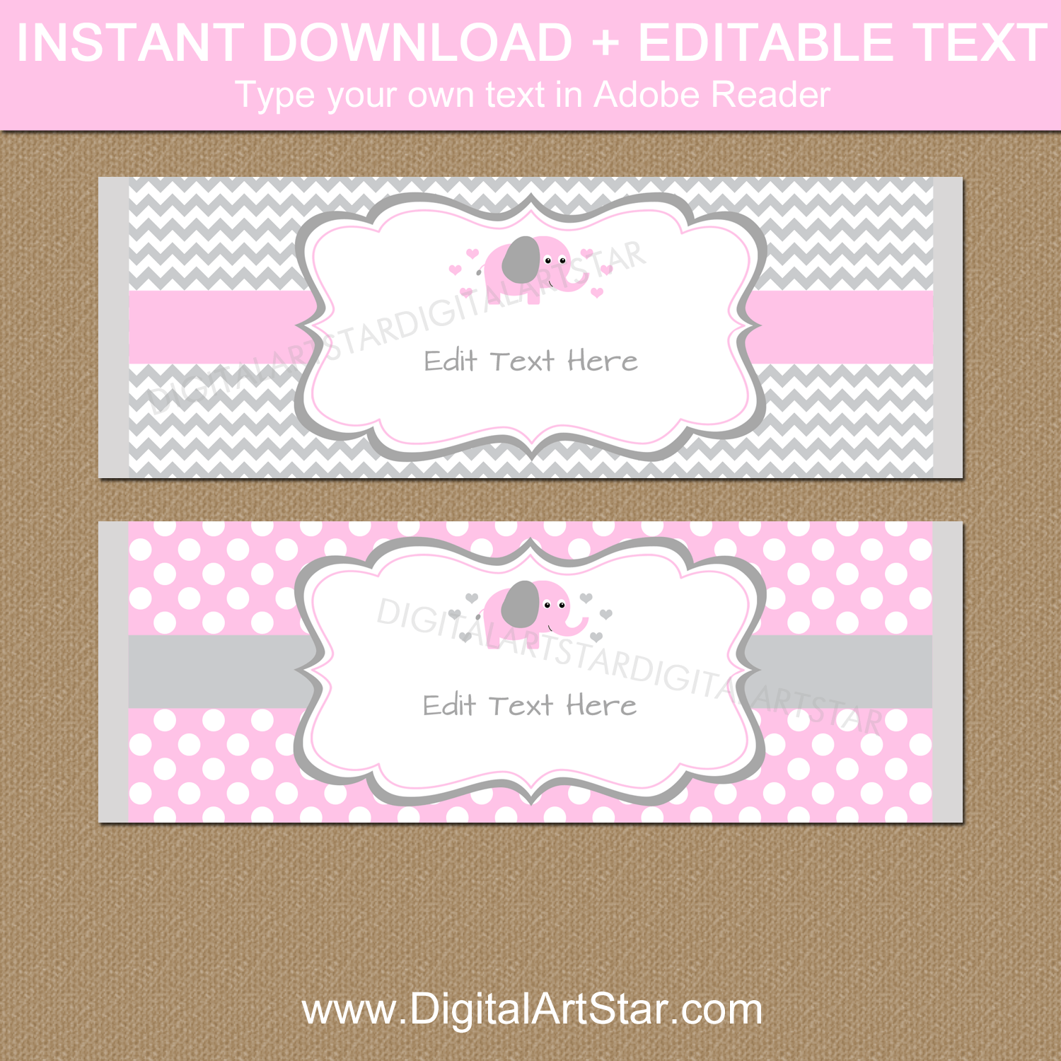 Pink and Gray Elephant Chocolate Bar Wrapper Template