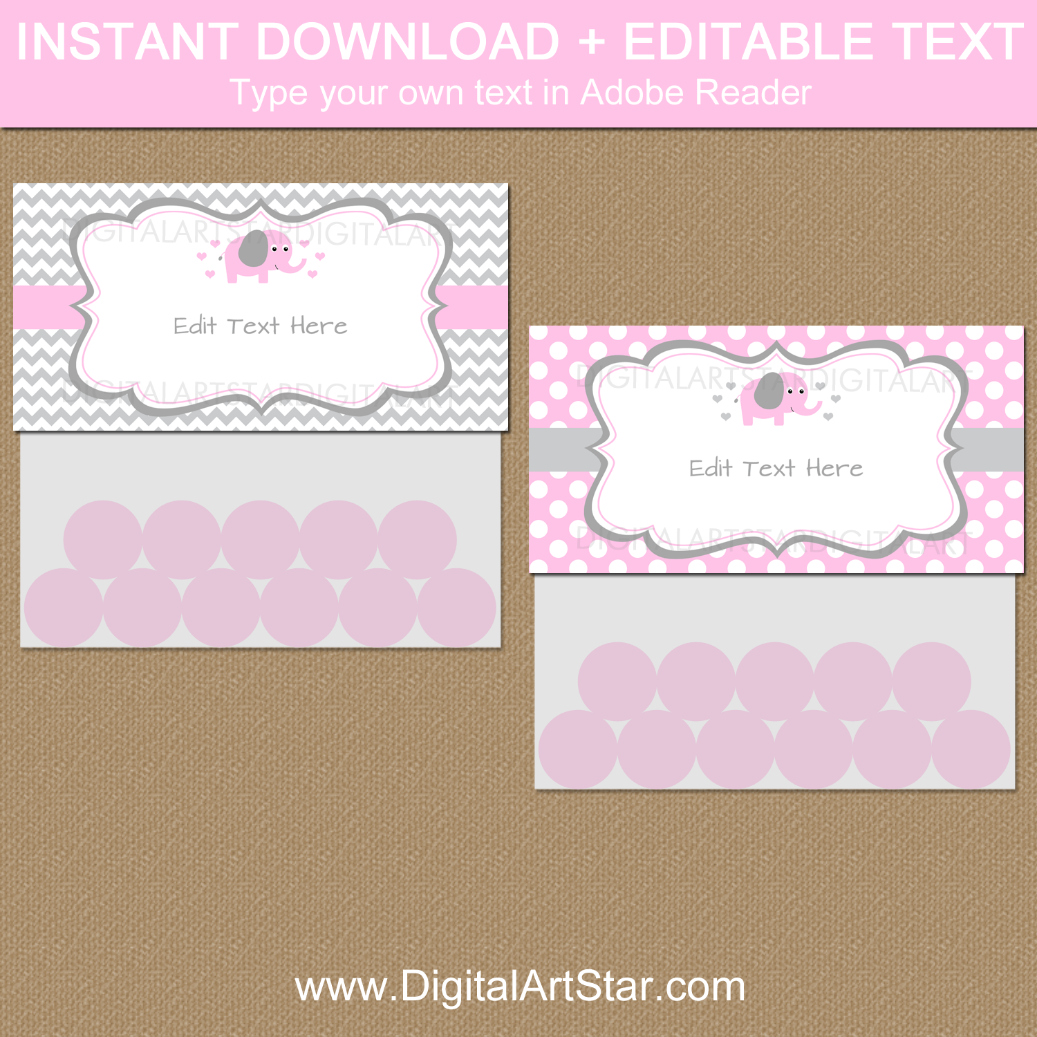 Pink and Gray Elephant Favor Bag Toppers Printable for Baby Shower Favors