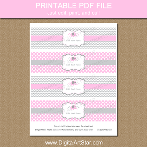 Pink Gray Elephant Printable Water Bottle Labels