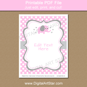 Personalizled Pink Gray and White Elephant Baby Shower Sign Printable