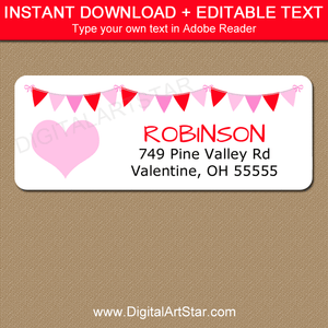 Pink Heart Valentine Address Label Template Editable Text
