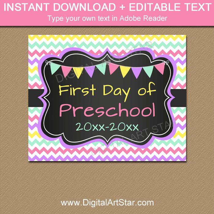Pink Purple Girl First Day of Preschool Sign Printable 2021