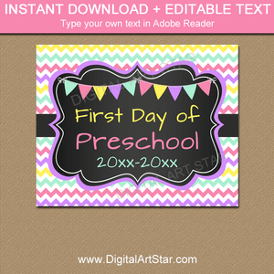Pink Purple Girl First Day of Preschool Sign Printable 2021