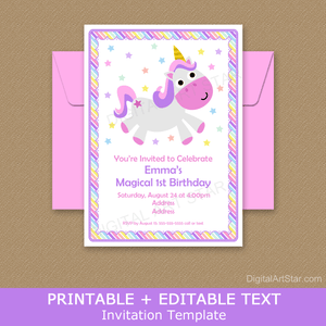 Pink and Purple Unicorn Birthday Party Invitation Template