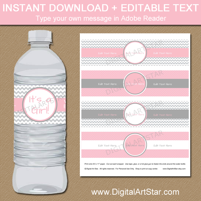 Pink and Gray Baby Shower Water Bottle Labels