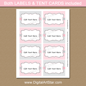 pink and gray baby shower labels