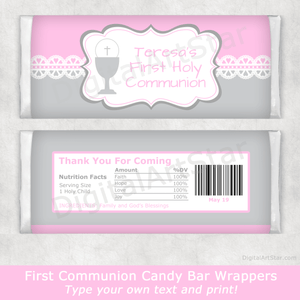Girl First Communion Candy Bar Wrappers in Pink and Gray