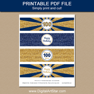 Printable 100th Birthday Water Bottle Labels Navy Blue and Gold