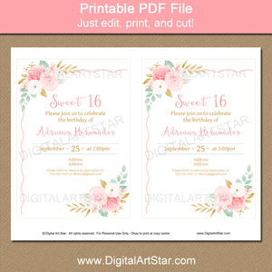 Printable 16th Birthday Party Invitation Template for Girls Pink Gold Mint Green