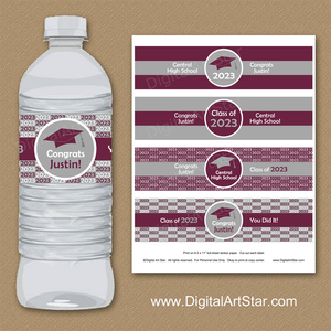 Printable 2023 Graduation Water Bottle Labels in Maroon and Gray