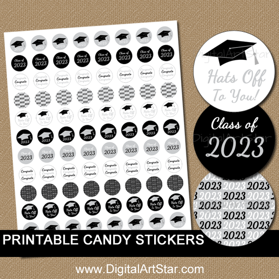 Printable 2023 High School Graduation Candy Stickers Black Silver White