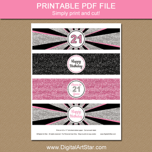 Printable 21st Birthday Water Bottle Labels Party Decorations Pink Black Silver Glitter