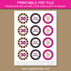 Printable 30th Birthday Cupcake Toppers Fuchsia Black and Gold
