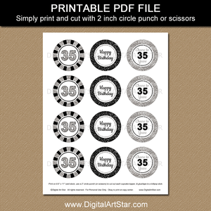 Printable 35th Birthday Cupcake Toppers Black and Silver Glitter