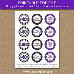 Printable 40th Birthday Cupcake Toppers Download Purple Black and Silver