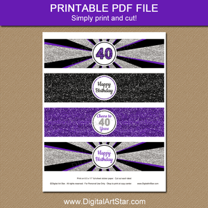 Printable 40th Birthday Party Water Bottle Stickers Purple Black and Silver