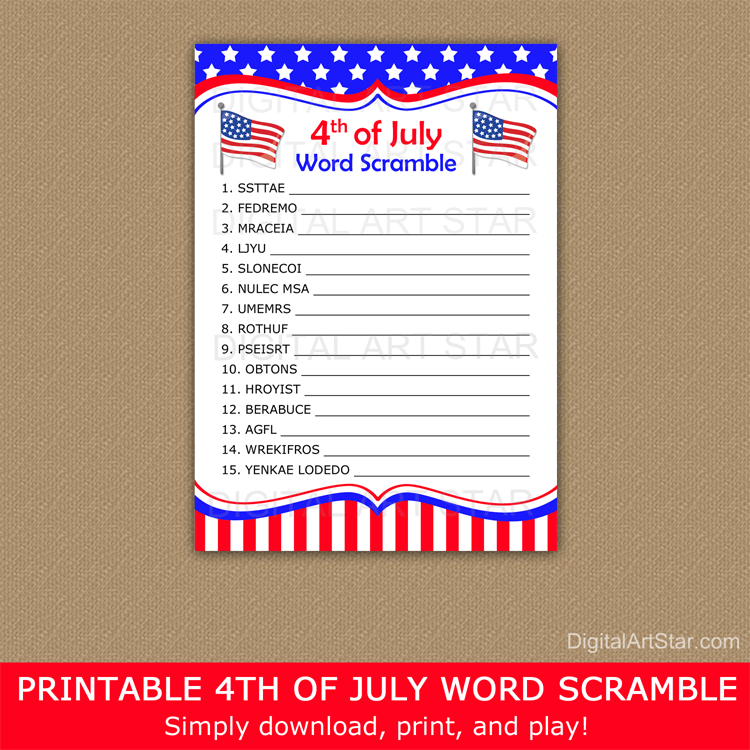 Printable 4th of July Word Scramble Game Template