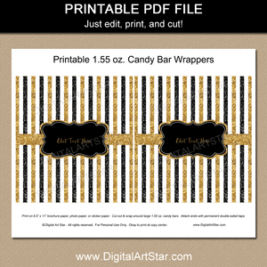Printable 50th Birthday Candy Bar Wrappers Black Gold Glitter