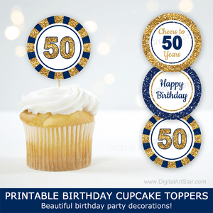 Printable 50th Birthday Cupcake Toppers Birthday Decorations for Him Navy Blue Gold White