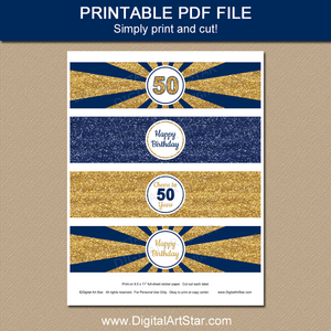 Printable 50th Birthday Water Bottle Labels Navy Blue and Gold Glitter