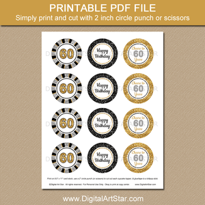 Printable 6th Birthday Cupcake Toppers Decorations Black Gold Silver for Men or Women