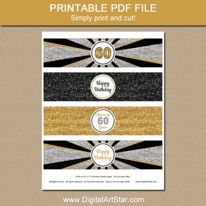 Printable 60th Birthday Water Bottle Labels Black Gold Silver Glitter